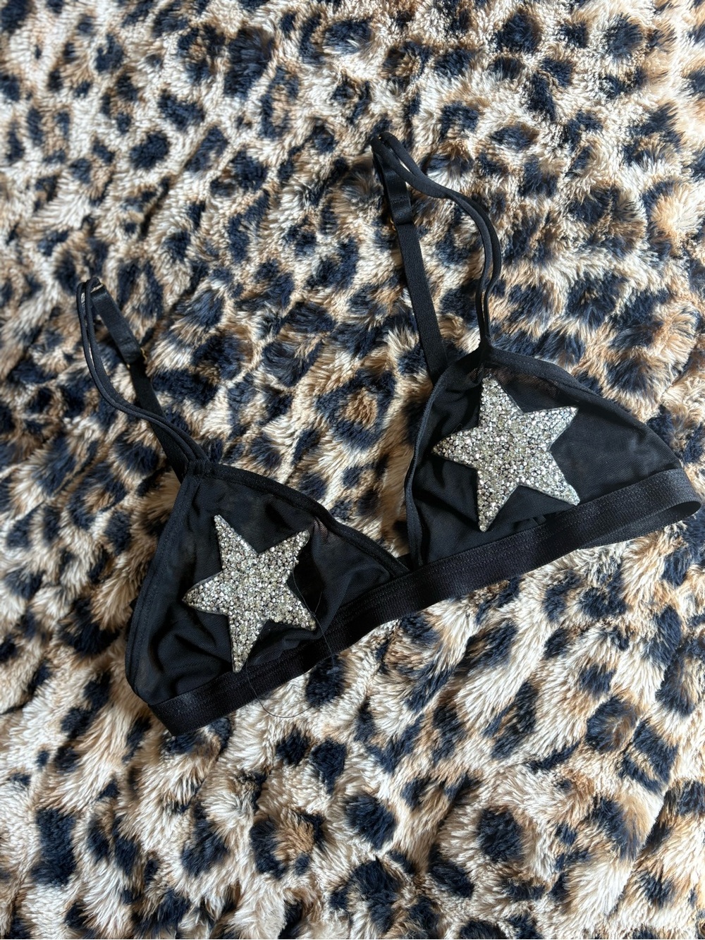 Black Mesh Triangle Bralette with Silver Star Appliqués size small